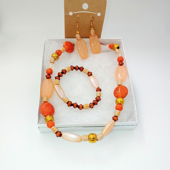 247NEB015. Handmade 3Pc. Carnelian Crackled Burnt Necklace Set - Picture 8 of 8